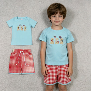 Conjuntos de Ropa Casual de Verano RTS Boutique para el 4 de Julio, Camiseta y Pantalones Cortos con Bordado de Perro y Coche para Hermanos, Niños y Niñas, Venta al por Mayor - Product Image 3