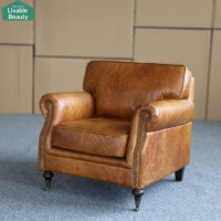 Fauteuil en cuir véritable ciré à l'huile de style vintage américain, mobilier de salon, fauteuil individuel, salon de cigares, hôtel, café
