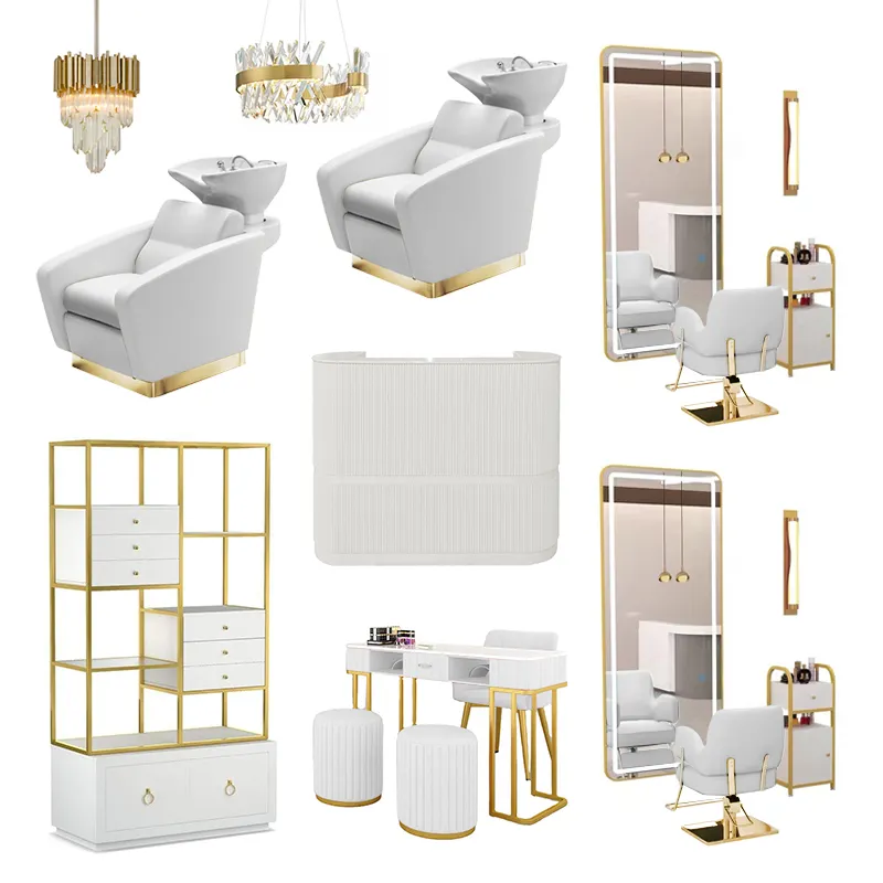 Mobiliário de salão de beleza branco, antiguidade, estiloso, conjunto de cadeiras e espelho
