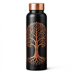 Bouteille d'eau artisanale en cuivre noir avec motif d'arbre en cuivre, gourde de voyage portable avec couvercle - Product Image 1