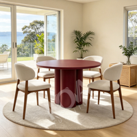 Table à manger ronde en MDF rouge vin, design artistique, base cylindrique, table de salle à manger moderne pour hôtel, restaurant