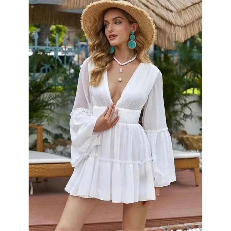 2022 Spring Summer Deep V Neck Women Long Sleeve Stylish white Sexy Chiffon women beach Dresses