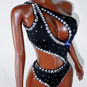 Combinaison personnalisée Techno <span class=keywords><strong>Noir</strong></span> Cyber Diva, justaucorps asymétrique à découpes avec strass 3D, tenue de scène pour le festival Coachella - Product Image 4
