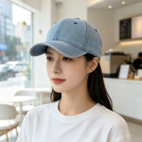 Production personnalisée de casquettes de baseball à six panneaux en denim délavé à visière souple pour la randonnée, la protection solaire et les activités sportives