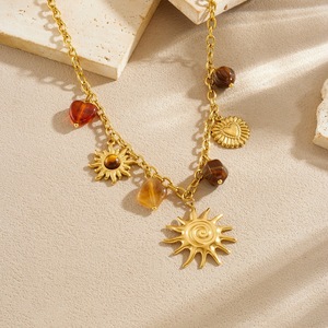 Sun Pendant Gold Plated Necklace <b>Set</b> With Tiger Eye Heart Charm Women's Fashion Jewelry Party Wear - Product Image 2
