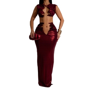 <b>Sexy</b> Women's Solid Color Sleeveless Top Long Skirt Lace Hollow 2 Piece <b>Set</b> Fashion - Product Image 3