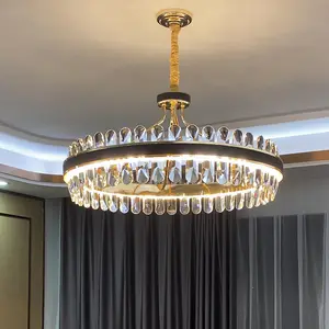 8899 Italië Elegant Zwart Leer Luxe Hotel Villa Kristallen Kroonluchter Plafondlamp Ronde Indoor Kroonluchters Hanglampen
