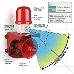 สัญญาณกันขโมยแบบอินฟราเรด PIR พร้อมเสียงเตือน 120dB ไฟแฟลชไซเรน ระยะตรวจจับ 3-6 เมตร ไฟเตือนภัยกลางแจ้งพร้อมแตร  รองรับการประกาศเสียงแบบกำหนดเอง - Product Image 1
