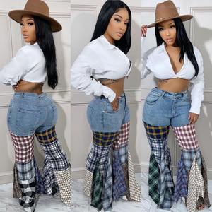 MLD83176 Jeans <strong>Pants</strong> for Women Patchwork Thousand Bird Checker <strong>Ruffle</strong> Flared Jeans Casual <strong>Denim</strong> Jeans for Ladies - Product Image 2