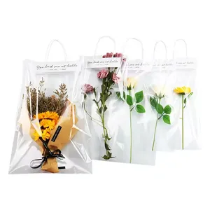 Saco de flores de pvc, logotipo personalizado várias formas pvc transparente transportador buquê de flores bolsa de flores