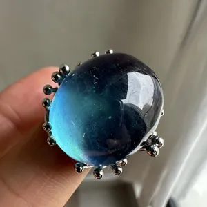 Grande <span class=keywords><strong>bague</strong></span> de mariage classique en aquamarine bleue naturelle pour femmes et hommes, perles ovales en cristal Reiki de guérison, argent, 22x19mm - Product Image 1