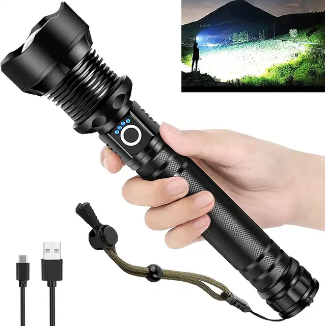 Rechargeable  High Lumens P50 LED Tactical Flashlight with Zoomable & 5 Modes Waterproof  3.7V Emergency Use
