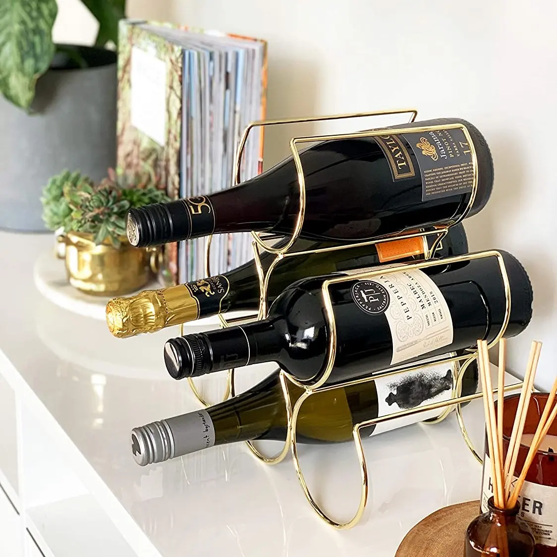 Gold Metal Wire 6 Wine Bottles Rack Countertop Wine holder for Home Decoration