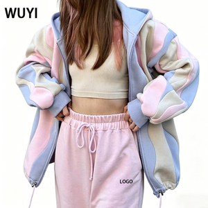 Sudadera con capucha de forro polar grueso para mujer, con logo personalizado, bloques de color, estilo oversize, con cremallera y diseño patchwork, de fabricante de ropa. - Product Image 1