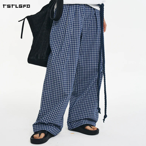 Pantalon large en coton à carreaux gingham pour homme, taille élastiquée avec cordon de serrage, coupe décontractée oversize, style streetwear - Product Image 4