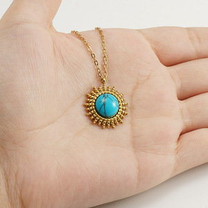 2022 New Turquoise Round Stainless Steel Pendant Women Simple Style <b>Titanium</b> Steel18K Necklace - Product Image 4