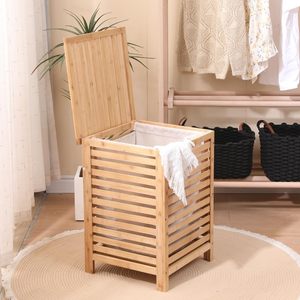 Cesto Portabiancheria Quadrato in Bambù CF con Fodera Rimovibile e Coperchio Apribile, 15 Pollici, Cesto Portabiancheria in Legno Naturale per Bagno e Camera da Letto - Product Image 1