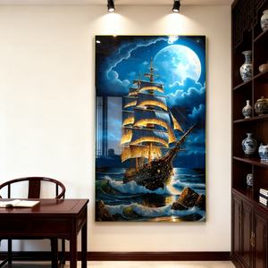 Peinture murale personnalisée pour l'entrée, le couloir, le salon, peinture de paysage marin, voilier, peinture en porcelaine cristalline LED - Product Image 2