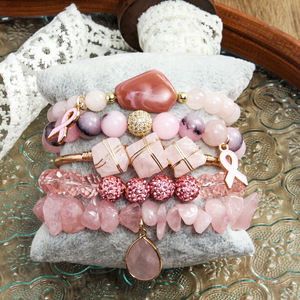 New Bohemian Phong Cách Màu Hồng Tự Nhiên Đá Thủy Tinh Bead Đàn Hồi Vòng Đeo Tay Màu Hồng <span class=keywords><strong>Ribbon</strong></span> Quyến Rũ 5Pcs Xếp Chồng Lên Nhau Vòng Đeo Tay Thiết Lập - Product Image 6