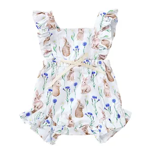 Newborn Flutter Sleeve Bunny Rompers Easter baby Girls Bubble Rompers