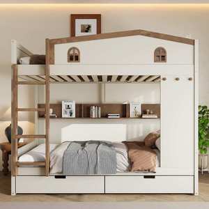 Modern House-shaped Solid Wood Bunk <strong>Bed</strong> with Hooks Storage Shelves Safety Guardrails Optional <strong>Underbed</strong> Drawers or Trundle <strong>Bed</strong> - Product Image 2