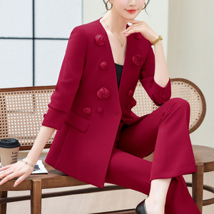 Women's Double-Breasted Wide-Leg Suit Set Solid Color Polyester Spring Work Casual Suit - Product Image 2