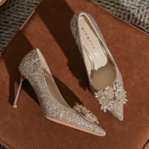 Winter French Pointed Rhinestone High Heeled Shoes Stiletto <b>Heel</b> Genuine Leather Upper Evergreen Sexy Phoenix Style - Product Image 1