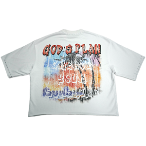 Streetwear di grandi dimensioni tessuto di spugna francese stampa digitale Vintage Crackle strass Design t-shirt bianche tagliate tagliate - Product Image 2