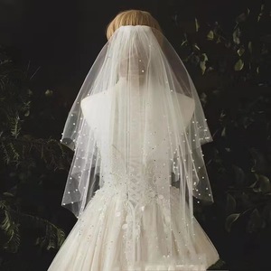 Lace Pearl Edge Wedding <strong>Veil</strong> 2 Tier Beaded Bridal <strong>Veils</strong> Fingertip Length White Double Layer Pearl <strong>Veil</strong> with Comb - Product Image 4