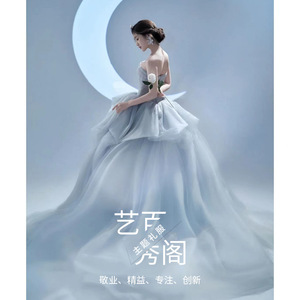 Strapless Ball Gown Wedding Dress Empire Waist Tulle Netting Blue Studio Theme Photography Couple Portrait - Product Image 4