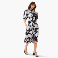 Robe chemise plissée mi-longue pour femme 100 % viscose à imprimé floral, respirante, lavable, à manches courtes bouffantes et col, coupe trapèze, printemps-été