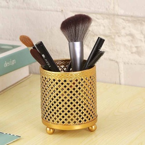 Oro redondo oro metal hierro belleza herramientas tocador maquillaje cepillo almacenamiento cubo organizador tubo almacenamiento caso - Product Image 4