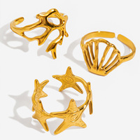 Cincin Terbuka Berlapis Emas untuk Wanita, Set Cincin Bintang Laut & Kerang, Desain Berongga, Perhiasan Pantai Musim Panas