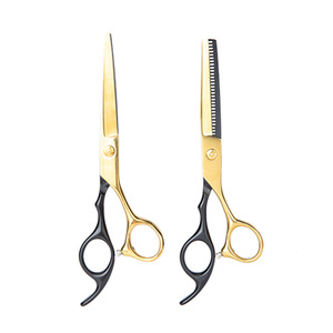 Juego de Tijeras para Peluquería, Color Negro y Dorado, Tijeras de Entresacar con Dientes Planos, Acero Inoxidable, Mango Largo, Herramientas de Estilismo Capilar - Product Image 1