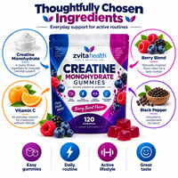 Gummies de créatine monohydrate sans sucre pour adultes, faibles en glucides, 5g par portion, soutien à la récupération musculaire et à la force (Marque Blanche)