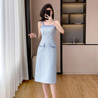 Robe midi élégante pour femme, style deux pièces, en tweed, à manches longues bouffantes, col et double boutonnage, coupe moulante, pour le bureau, automne-hiver