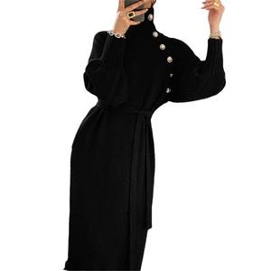 Robe en tricot décontractée pour femmes, automne-hiver, avec ceinture à la taille, robe longue à col roulé en tricot - Product Image 6