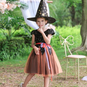 Disfraz de bruja para niñas, vestido de tul, traje de actuación de cosplay para Halloween, color morado y naranja, talla 618 - Product Image 2