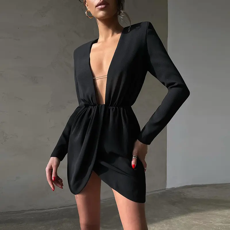 Summer Sexy Casual Dresses-Shirt Dress deep v design sense slit chain temperament party wear hot girls evening dresses