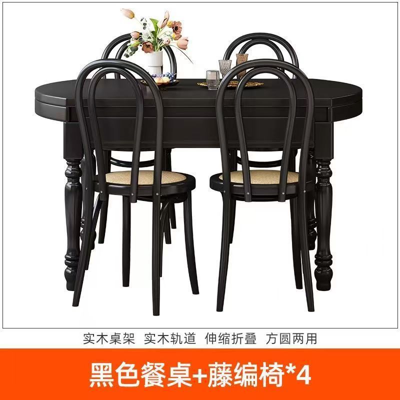 Table à manger noire et chaises en rotin *4