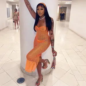 Сетчатый топ-труба, Прозрачное платье в пляжном стиле, сексуальное оранжевое платье с вырезами