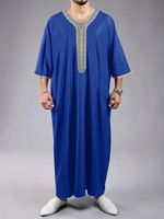 Jubba Thobe du Moyen-Orient brodée pour hommes, robe arabe musulmane avec poche latérale, manches courtes, Kaftan, longue robe de Dubaï, vêtements islamiques