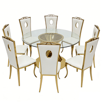 Ensemble de table à manger moderne de luxe en acier inoxydable doré avec plateau en verre trempé pour mariage, salon, hôtel, salle de banquet, vente en gros