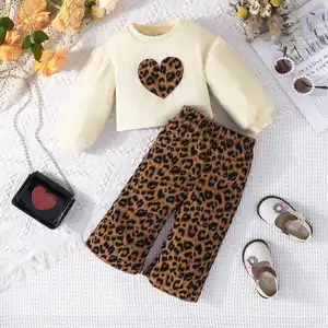2023 Spring Autumn Baby Clothes New Design Infant Set Round Neck Long Sleeve Shirt Leopard Print Pants 2Pcs Little Girls Outfits