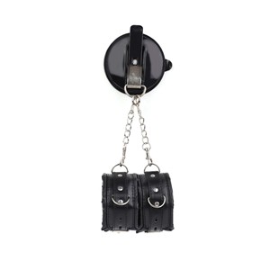 Suction Cup Handcuff <b>Set</b> Black Leather Chain Attached For Adult <b>Bondage</b> Play - Product Image 2