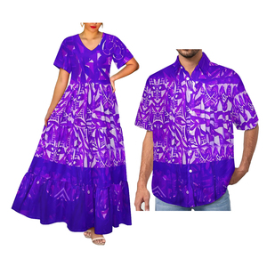 Abito Elegante a Strati con Scollo a V per Donna e Camicia con Colletto per Uomo con Stampa a Sublimazione Design Polinesiano Tie-dye - Product Image 1