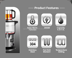 Bollitore per Tè <span class=keywords><strong>Turco</strong></span> 4.5+1.1L, Macchina Multifunzione per Riscaldamento Acqua con Controllo Digitale, Samovar Russo in Vetro per Preparare il Tè - Product Image 2