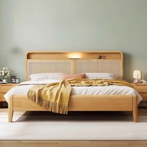 Lüks Masif Ahşap Yatak Rattan Başlıklı Modern Minimalist Depolama Alanlı Yatak Çerçevesi LED Işıklı Japandi Tarzı Ana Yatak Odası Mobilyası - Product Image 5