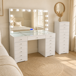 Tocador de Maquillaje <span class=keywords><strong>con</strong></span> Espejo LED y <span class=keywords><strong>Cajones</strong></span> <span class=keywords><strong>con</strong></span> Perillas de Cristal para el Cuidado Diario, Mesa de Maquillaje para el Hogar y Dormitorio - Product Image 1