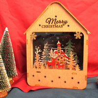 Boîte en bois de Noël illuminée, scène de neige, rennes, lumière LED chaude, ornement de Noël pour bureau